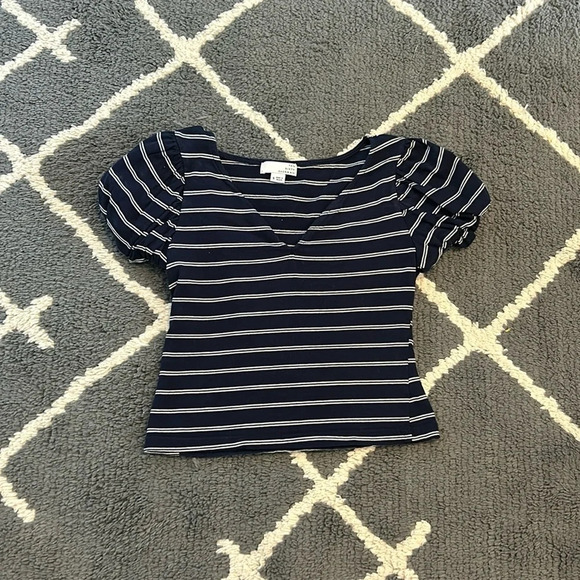 Navy and White Striped Cropped Puff Sleeve Tee - Picture 1 of 5